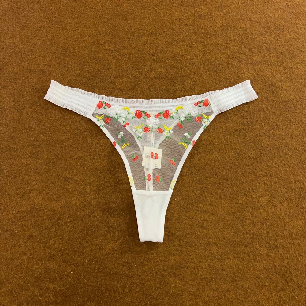 Lyrebird Anthropologie Womens Large White Fruit Embroidered Mesh Thong Panty NWT